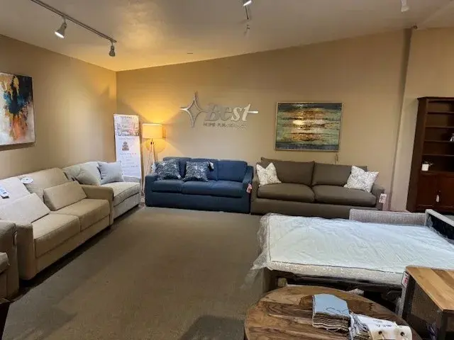 American-made sleeper sofa, available in all sizes, on the showroom floor